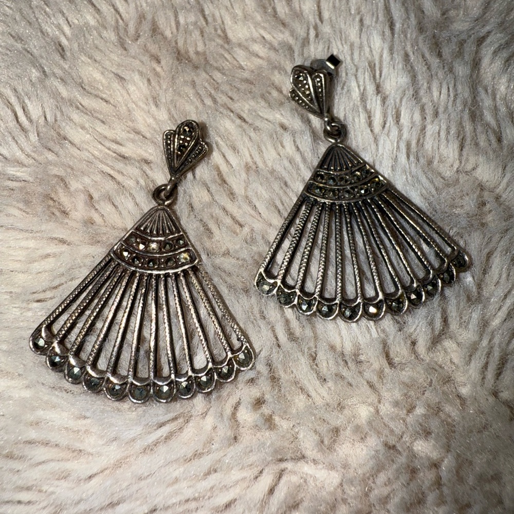 Sterling Silver Marcasite Fan Earrings 925 Dangle Pierced Ears‎